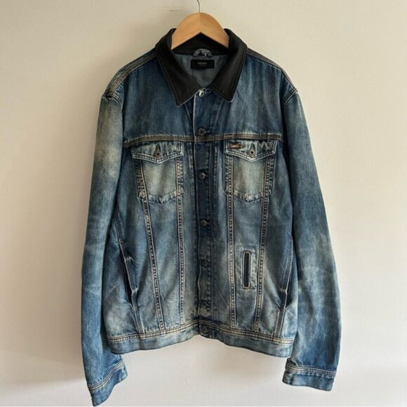 DIESEL Elshar Denim Distressed Jacket Blue Cow Leather Collar Biker - Picture 3 of 15